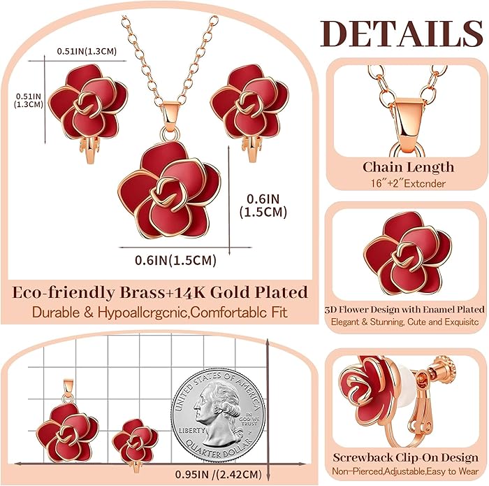 Dainty Rose Flower Pendant Necklace Clip On Earrings Set for Women 14K Gold Plated Hypoallergenic Jewelry Sets