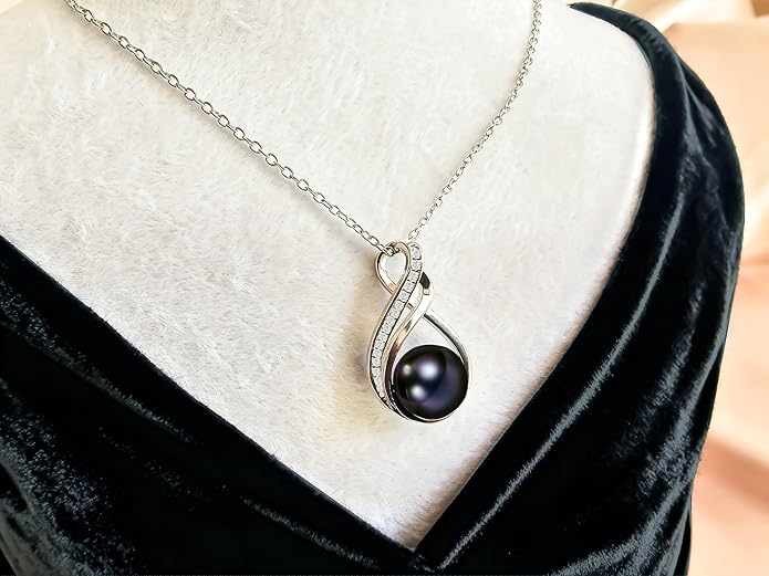 Black pearl necklace for women (Natural AAA+ 9mm) - Wedding anniversary's gift for wife (18k gold platted 925 sterling Silver)- christmas gifts for wife - Real pearls necklace for women - black pearls necklace - pearl pendant
