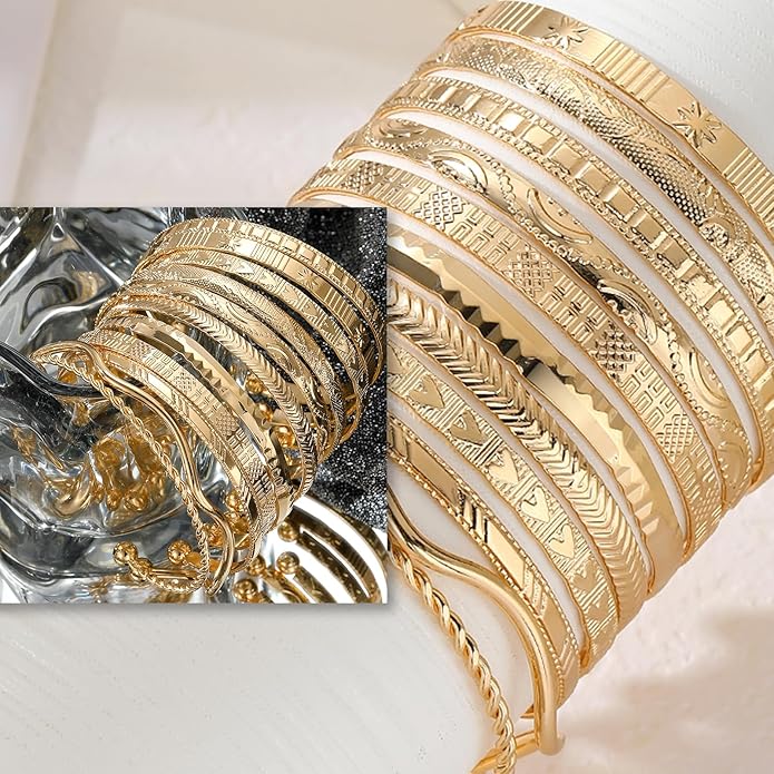 17IF Gold Bangle Bracelet For Women, 14k Multilayer Charm Textured Stackable Bracelets Boho Indian Chunky Cuff Fashion Jewelry Gift