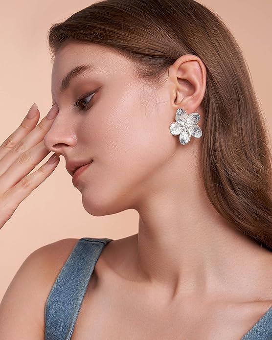 18K Gold Plated Large Chunky Flower Statement Earrings for Women by SNGIA, Summer Beach Floral Handmade Drop Jewelry, Maximalist Wedding Date Birthday Gift, Bold Exaggerated Textured Dangle Trendy Ribbed Jewelry, 18K Gold Plated Chandelier Fashion Acce...