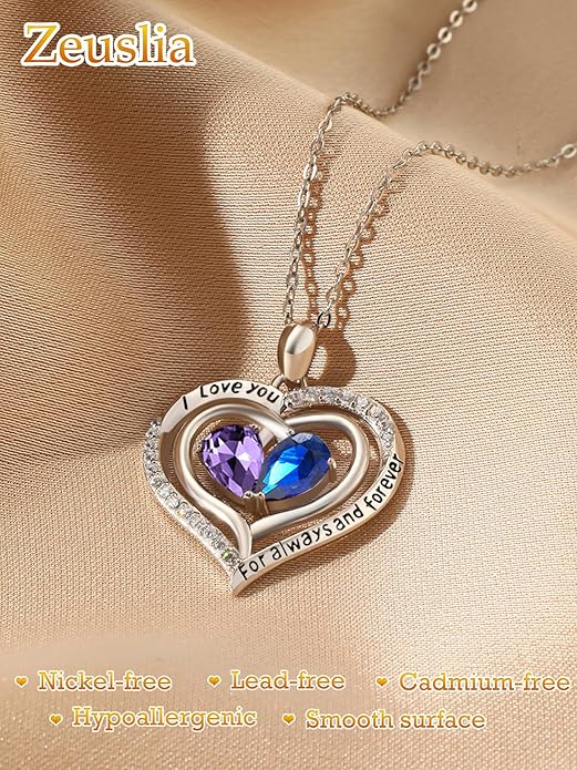 Valentine's Day Gifts for Wife 925 Sterling Silver Double Birthstone Pendant Necklaces I Love You for Always and Forever Necklace Anniversary Birthday Gifts for Wife Girlfriend Mom Her