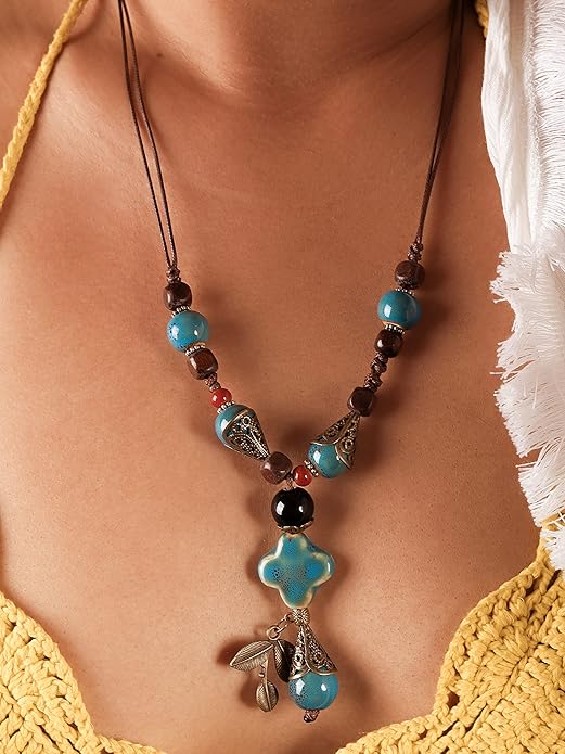 MINACHI Vintage Bohemian Ethnic Colorful Ceramic Bead Long Y Necklace, Hippie Boho Summer Fashion Jewelry Gift for Women