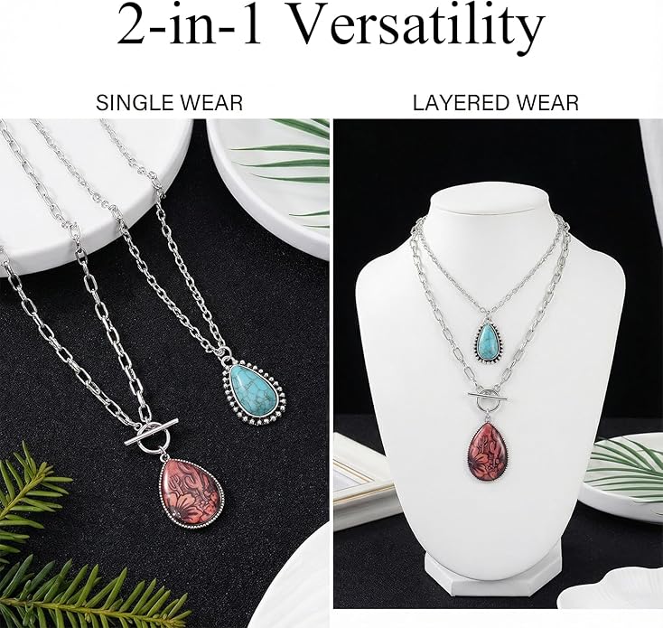 2 Pcs Western Necklaces for Women Silver Plated,Layered Boho Cowgirl Necklace Set with Teardrop Pendant,Turquoise Necklace,Western Jewelry for Women Rodeo Country Concert Jewelry Accessories
