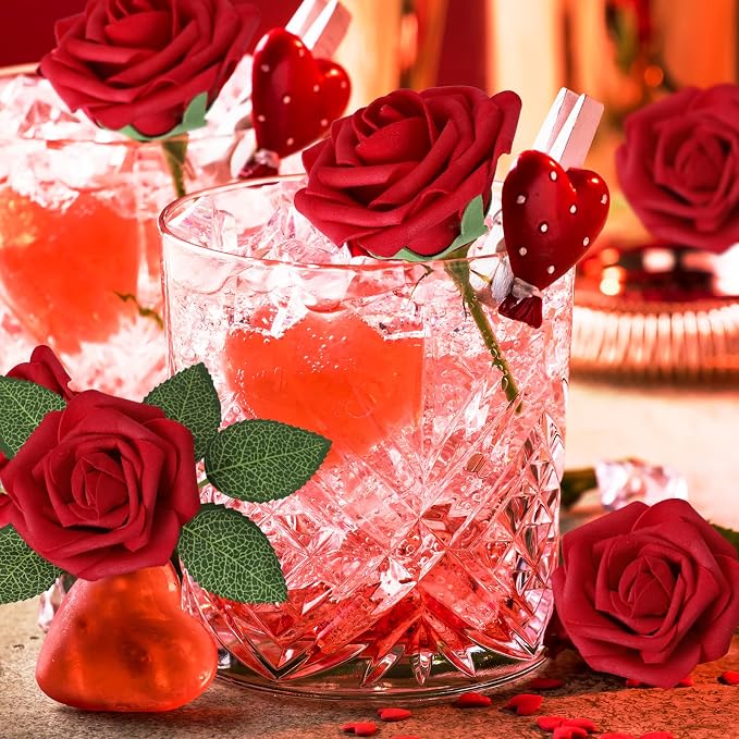 AmyHomie Dark Red Rose 100pcs Real Looking Artificial Flowers w/Stem | Bouquet - Image 7