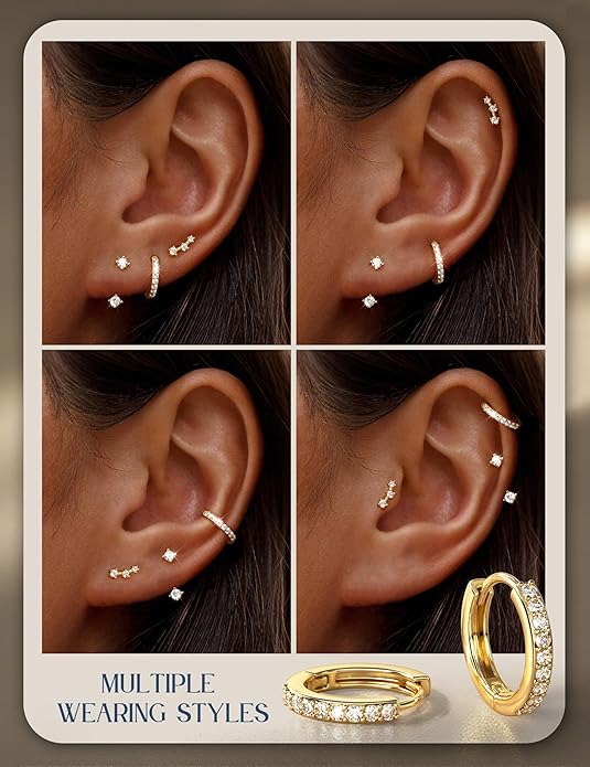 FIASASO 3 Pairs 925 Sterling Silver Hypoallergenic Earrings for Women Trendy - 14K Gold Plated Stud Hoop Cartilage Earrings Set Small Earring Stacks for Sensitive Ears Non Tarnish Dainty Silver Earring