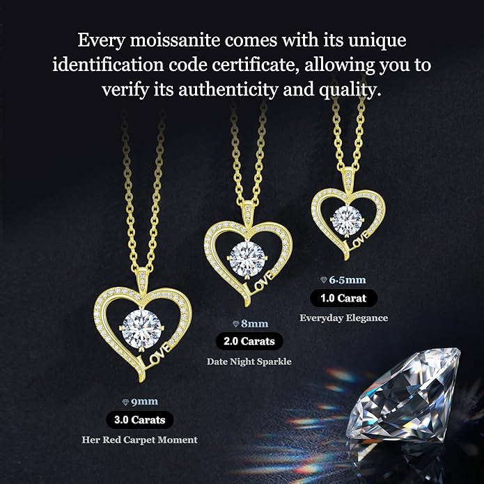 Moissanite Heart Necklaces for Women, 1-3 Carat Moissanite 925 Sterling Silver Love Jewelry, Valentines Day Birthday Wedding Anniversary Engagements Gifts for Women Wife Girlfriend Mom Her