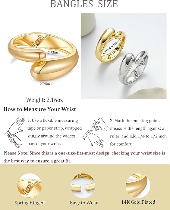 2pcs Gold Bangle Bracelets for Women, Trendy Hinged Cuff Open Wide Chunky Gold Bracelet Stack Arm Cuff Jewelry for Women