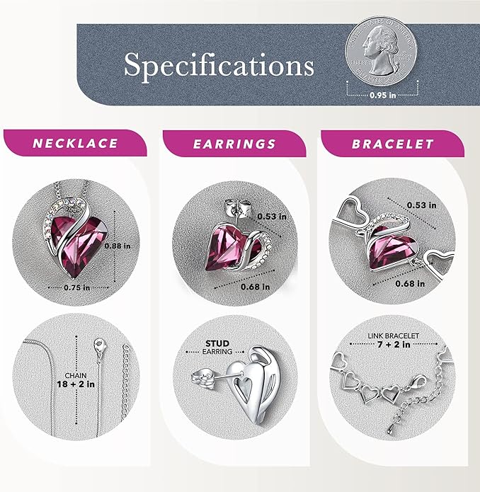 Leafael Valentine's Day Gift Necklaces for Women, Infinity Love Birthstone Heart Crystal Pendant, Birthday Anniversary Jewelry for Wife, Mom, and Her, Silver Plated, 18" + 2" Adjustable Chain