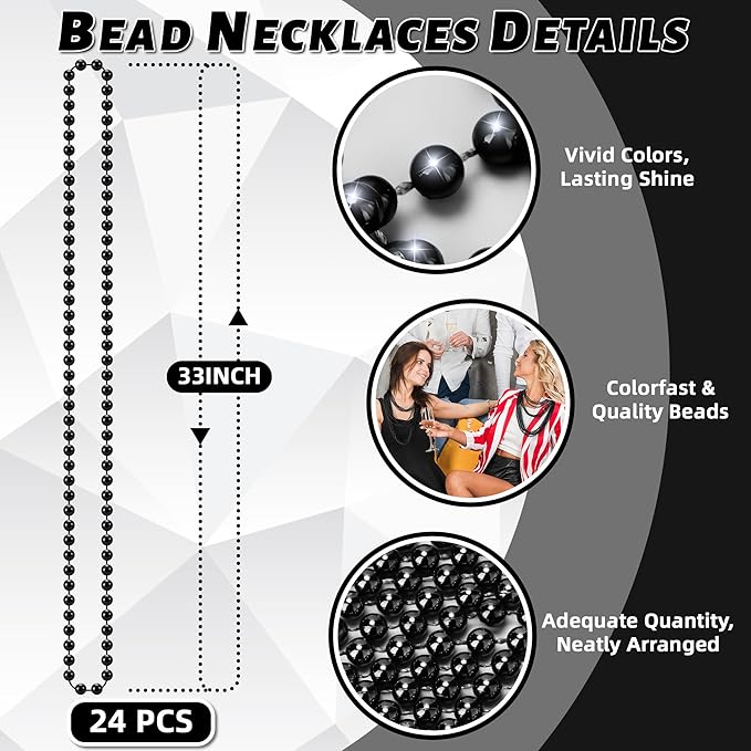 YAXINRUI 24 PCS Black Bead Necklaces, Black Mardi Gras Beads, Halloween Beads Necklaces, New Year Eve Necklaces, 33 Inch Black Beaded Necklaces for Mardi Gras Christmas Halloween Festive Events