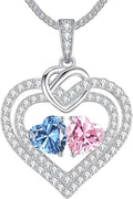 LOUISA SECRET Sparkling Double Heart Birthstone Necklaces for Women, 925 Sterling Silver Fine Jewelry, Pendant Heart Necklaces Birthday Anniversary Christmas Gift for Women Wife Mom Girlfriend Lady