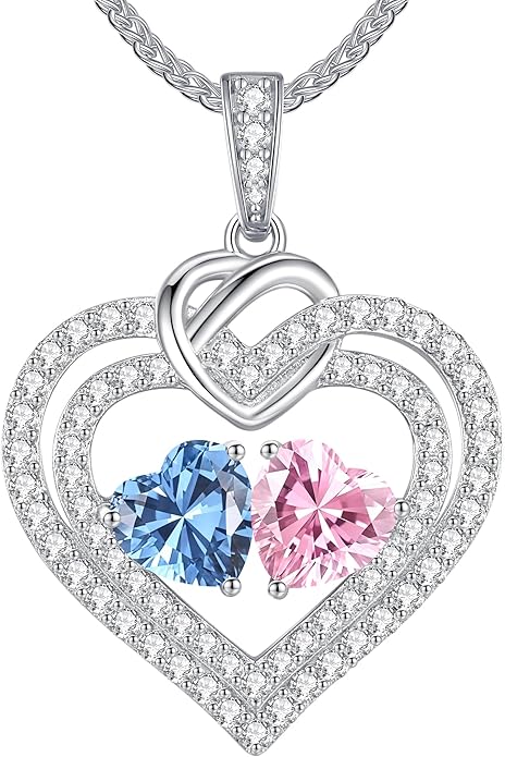 LOUISA SECRET Sparkling Double Heart Birthstone Necklaces for Women, 925 Sterling Silver Fine Jewelry, Pendant Heart Necklaces Birthday Anniversary Christmas Gift for Women Wife Mom Girlfriend Lady