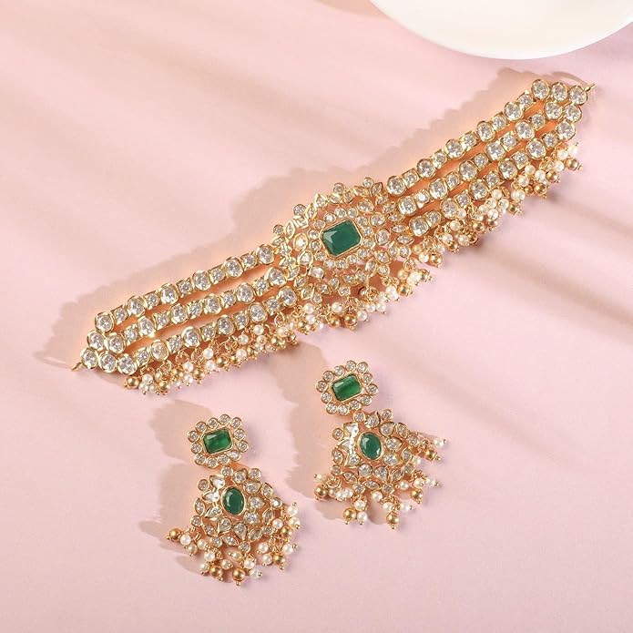TARINIKA Brass Indian Choker Necklace Set - Gold Plated Cubic Zirconia Indian Jewelry Sets for Women Dangle, Drop, Jhumka Earrings Traditional Desi Necklace Pearls Gift for her