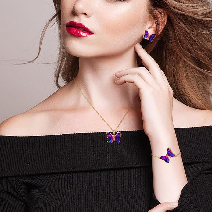 MISS RIGHT Butterfly Crystal Jewelry Set with Butterfly Necklace Stud Earrings Bolo Bracelet Adjustable Ring for Women Trendy, Iridescent Y2K Dainty Butterfly Jewelry Gifts
