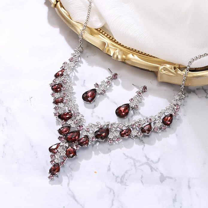 BriLove Women's Wedding Bridal Austrian Crystal Teardrop Flower Cluster Statement Necklace Dangle Earrings Jewelry Set for Party Prom