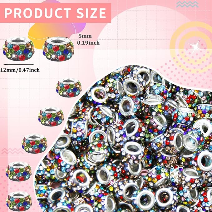 200Pcs Rhinestone Large Hole Beads Spacer Beads Black Color European Craft Big Beads Large Hole Rhinestones Lampwork Bead Fairy Wand Garden Beads for DIY Bracelet Necklace Jewelry Making Supplies