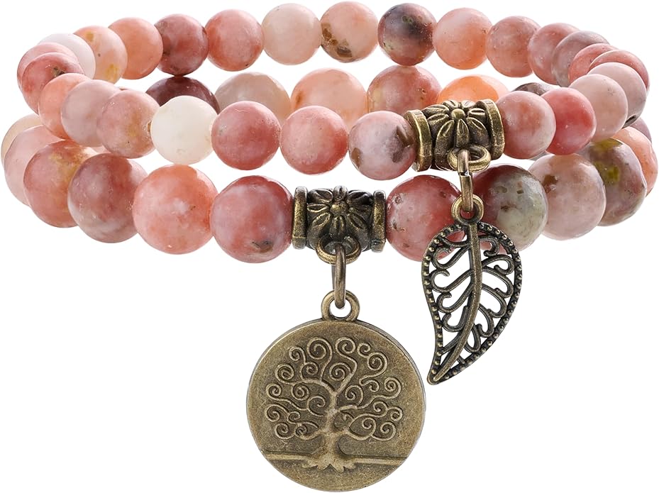 Bivei Natural Semi Precious Gemstone beads bracelet for women - Life Tree and Leaf Charm Energy Reiki Crystal Stretch Bracelets