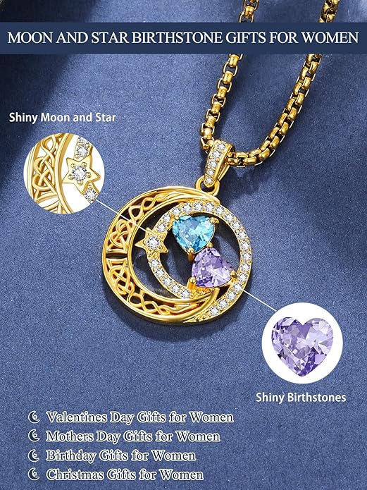 14K Gold Moon and Star Necklace Gifts for Women - Double Heart Birthstone Necklace, Valentines Wedding Anniversary Birthday Gifts for Her Wife Mom Daughter Grandma Sister