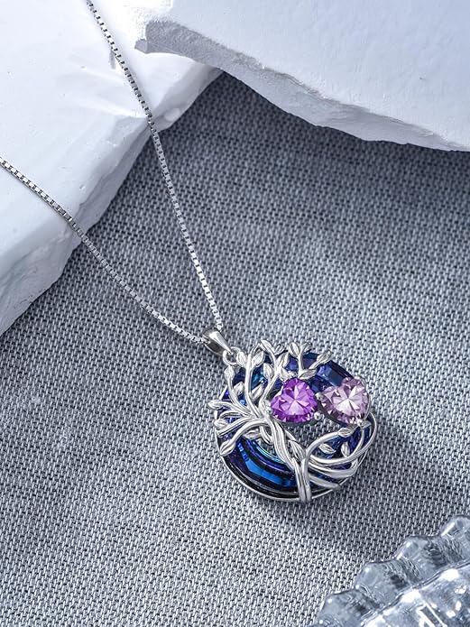 TOUPOP s925 Sterling Silver Family Celtic Tree of Life Pendant Necklaces with 2 Heart Birthstone with Blue Austrian Crystal Jewelry Birthday Valentines Day Gifts for Her, Anniversary Christmas Gifts for Wife Girlfriend Mom (18K Real White Gold Filled)