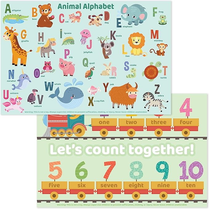Disposable Placemats for Baby, Toddlers and Kids, 40 Disposable Baby Placemats for Restaurant, Dining Table & Travel, Learning Placemats for Kids, Toddler Travel Essential, Animals ABC & Numbers