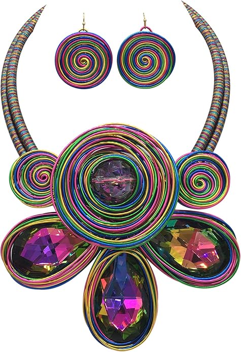 Statement African Necklace For Women African Jewelry Costume Earring Sets Tribal Fashion Colorful Big Rhinestone Crystal Pendent Collar Choker Bold Chunky Bib Handmade