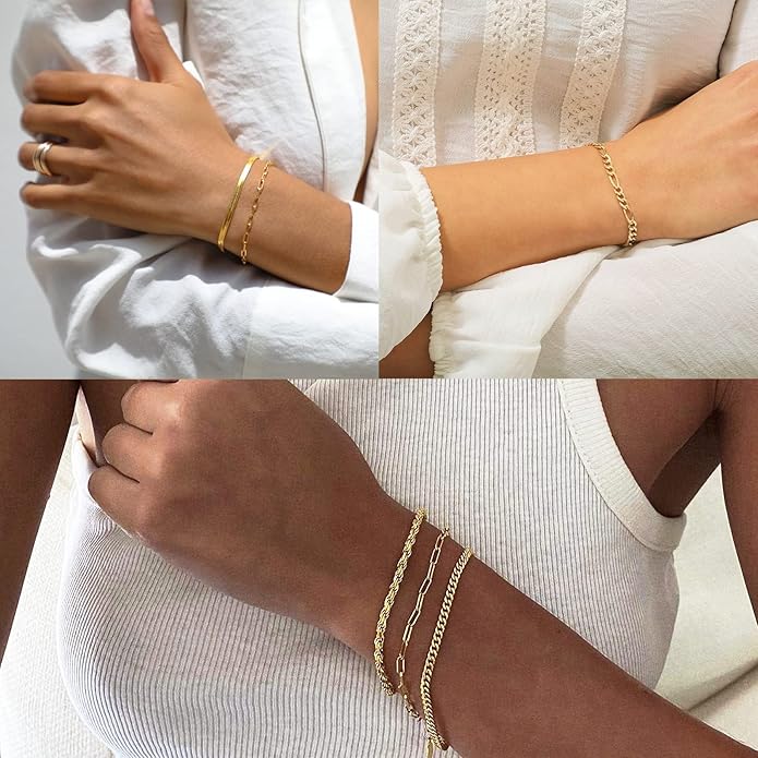 DEARMAY Gold Bracelets for Women Waterproof, 14K Gold Plated Jewelry Sets Trendy Thin Dainty Stackable Cuban Link Paperclip Chain Bracelet Pack Fashion Accessories Gifts for Womens