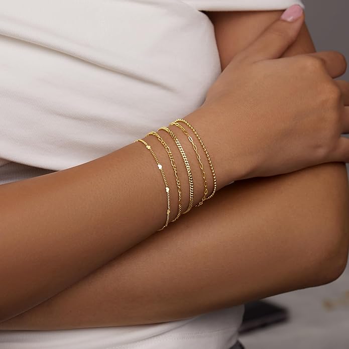 Gold Bracelets Set for Women Stack, Dainty Thick Bracelets Stack for Women Trendy, Simple Thin Gold Plated Cuff Stackable Bracelets With Beaded Cuban Paperclip Snake Rope Bangle Hand Chain Jewelry Gifts for Women Non Tainish