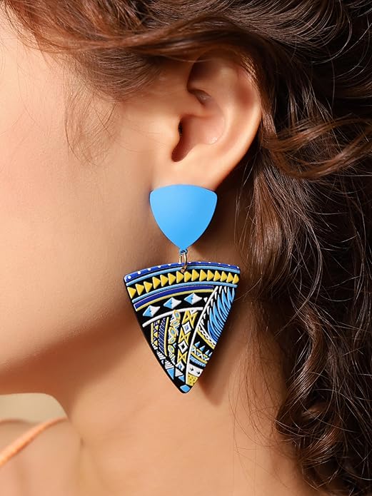MINACHI Boho Chic Geometric Drop Earrings, Vibrant Multicolor Pattern with Navy Accent Beads & Glossy Studs, Jewelry Gift for Women