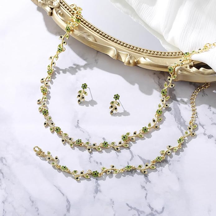 BriLove Wedding Jewelry Set for Women Bride, Gorgeous Stunning Crystal Flower Leaf Cluster Choker Necklace Link Bracelet Stud Earrings Bridal Bridesmaid