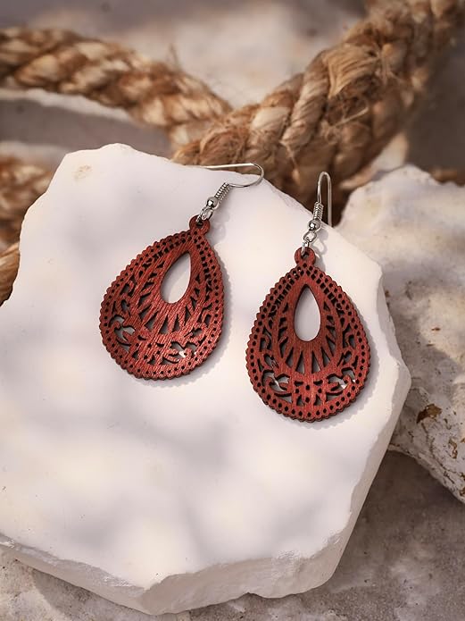 MINACHI Bohemian Hollow Cut-Out Wood Leather Dangle Drop Earrings, Boho Chic Hippie Statement Jewelry Gift for Women
