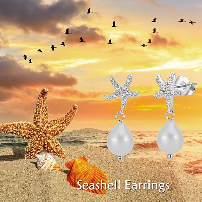 VONALA Silver/Gold Seashell Pearl Dangle Earrings 925 Sterling Silver Beach Drop Dangle Earrings Starfish Leverback Earrings Ocean Jewelry Gifts for Women