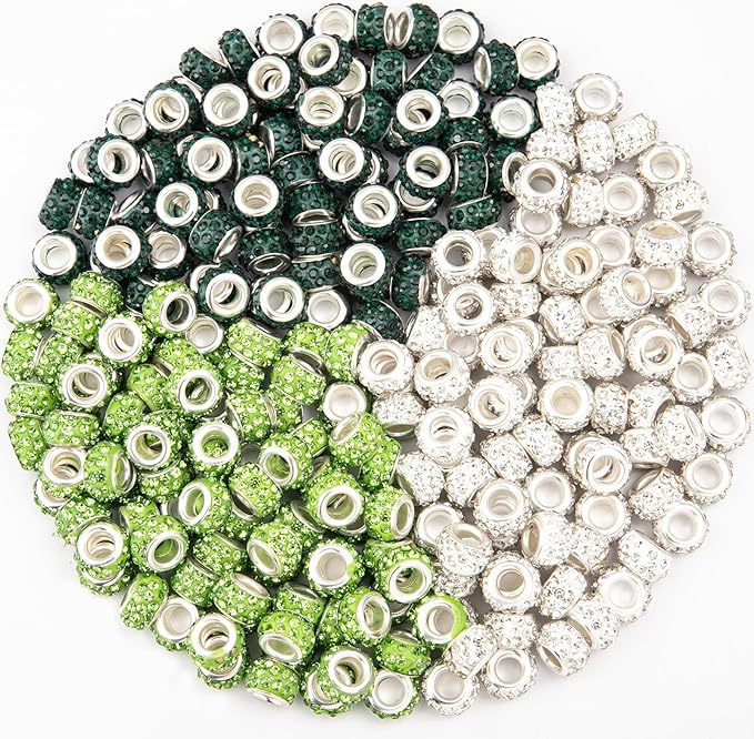 200 Pieces European Large Hole Spacer Beads, Green European Craft Beads Rhinestone Lampwork Beads Fairy Garden Beads for DIY Charms Bracelet Necklace Earring Jewelry Making Supplies