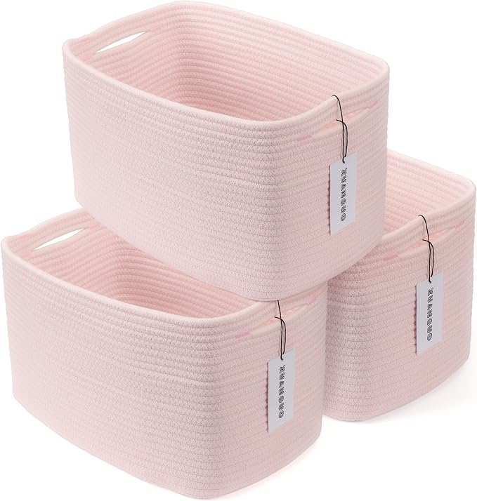 XUANGUO Woven Cotton Rope Storage Baskets 15x10x9.3" 3 Pack Light Pink | by XUANGUO