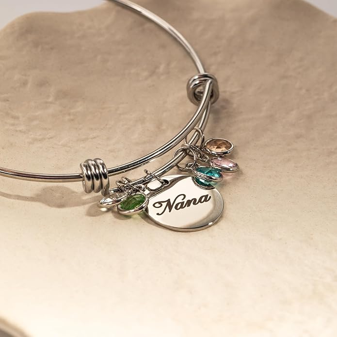 Custom Grandma Birthstone Bangle Bracelet, Personalized Children’s Birthstone Gift for Mom, Handmade Jewelry for Her, Birthday Valentines Day Gift for Women, Meaningful Present for Grandma – ABR-LC-MBS