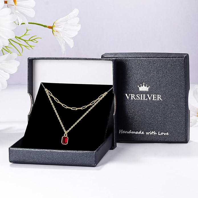 Layered Birthstone Necklace for Women Girls, 14K Gold-Plated Paperclip Chain Choker Necklace with Rectangle Birthstone Pendant Birthday Gifts for Women Girls Dainty Small