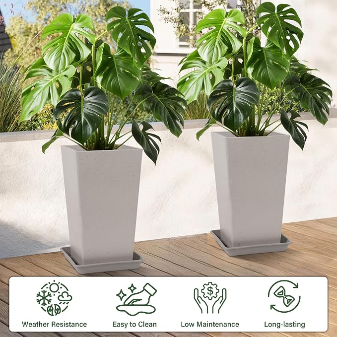 Neoaider Set of 2 Tall Planter, 21 inch Large Plastic Planter, Light Gray | - Image 2