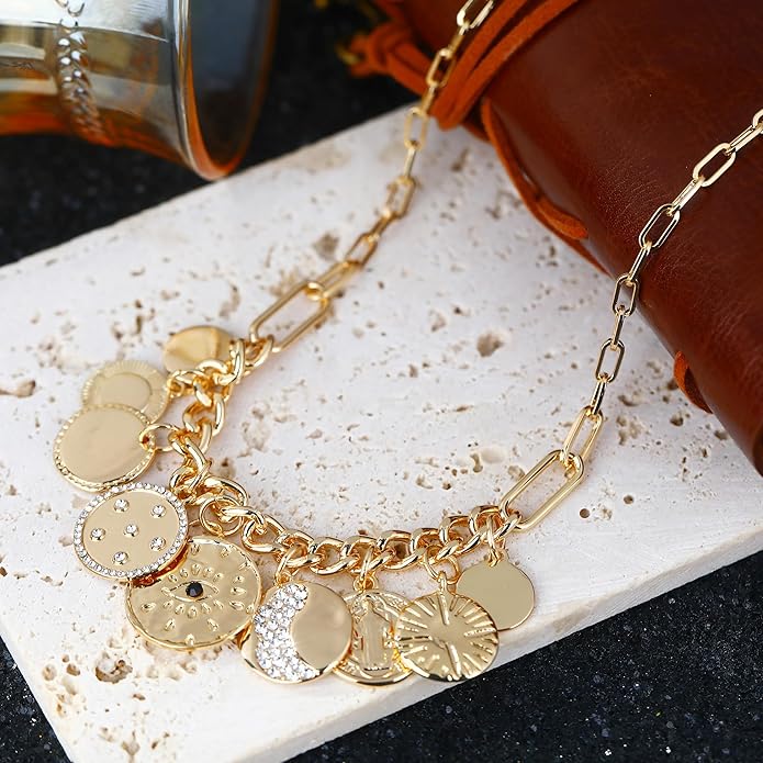 MISS RIGHT Dainty Gold Evil Eye Hamsa Hand Coin Lucky Charm Pendant Necklace for Women Trendy Vintage Paperclip Chain Sun Moon Clover Flower Chunky Charm Necklace Jewelry Gifts
