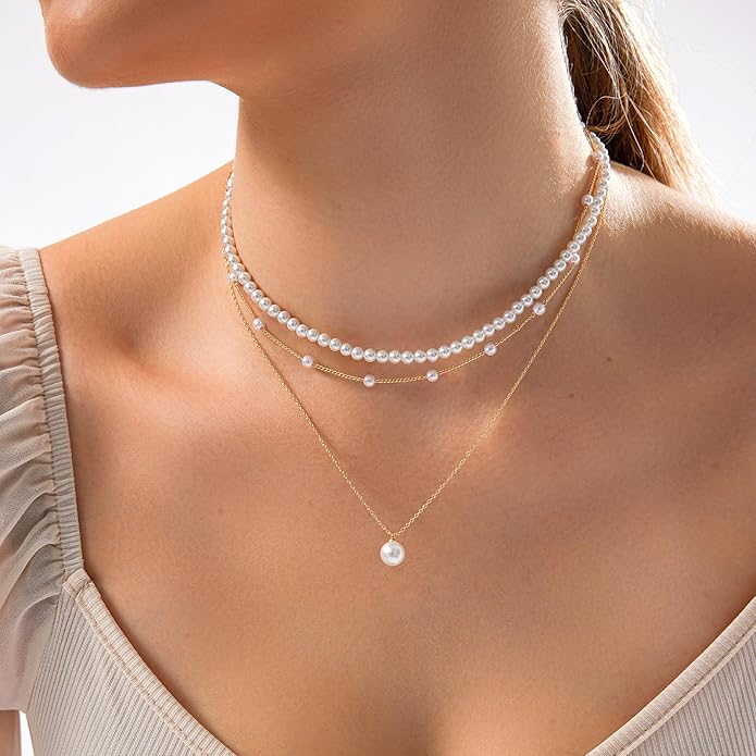 Zeffy Gold Pearl Necklace for Women, Dainty 14K Gold/Silve Plated Layered Pearl Choker Pearl Earrings Pearl Bracelets Wedding Trendy Gold Jewelry Set for Women Gifts