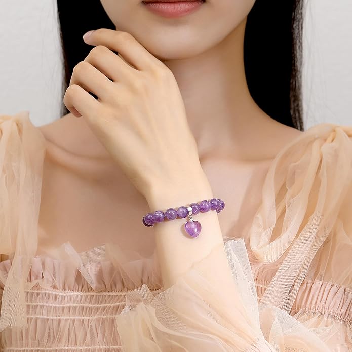 MAIBAOTA Healing Crystal Bracelet for Women, 8 mm Natural Gemstone Beaded Bracelet, Love Heart Bracelet Jewelry Gifts for Birthday Mothers Day Valentine's Day Anniversary