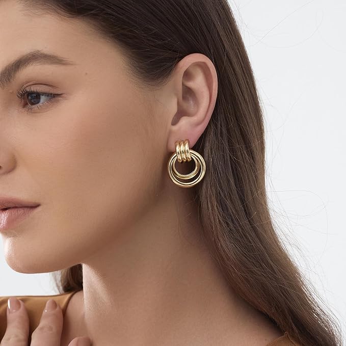 Gold-Plated Chunky Earrings, Knot Link Circle Drop Dangle Statement Studs for Women