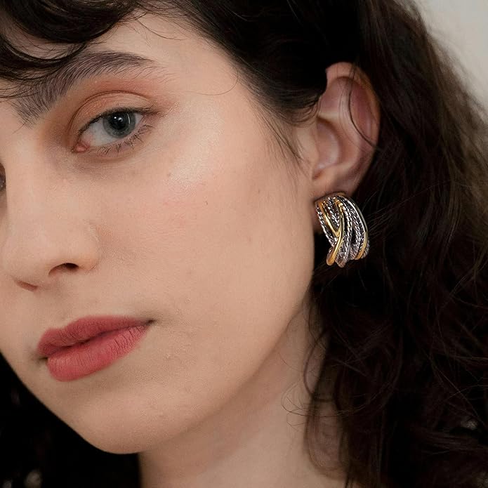 Mytys Two Tone Huggie Hoop Earrings Cross Over Design Twisted Rope Silver Gold Statement Wide Band Clip On Hoops for Women Fashion Jewelry Gift