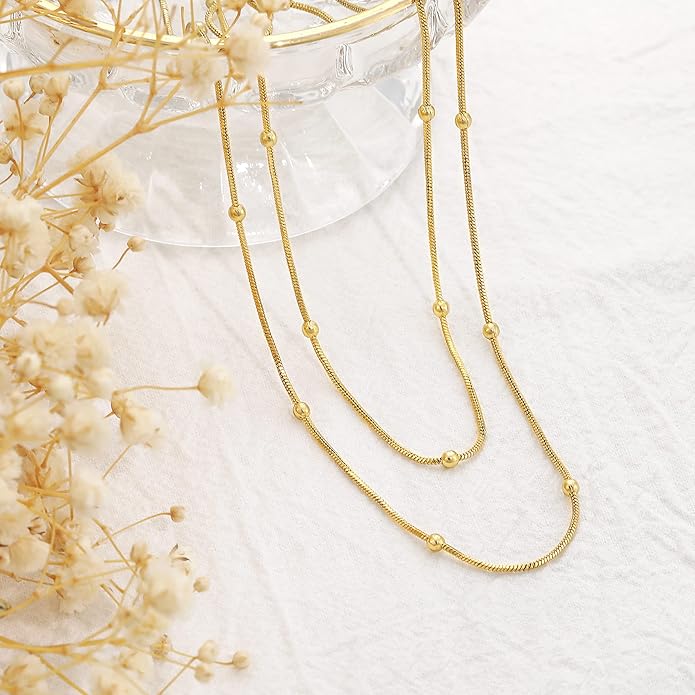 CHESKY 14k Gold Plated/Silver Plated Dainty Necklace for Women, Trendy Satellite Choker Necklace Thin Beaded Layered Choker Necklaces Discs Paperclip Chain Necklaces Womens Simple Jewelry