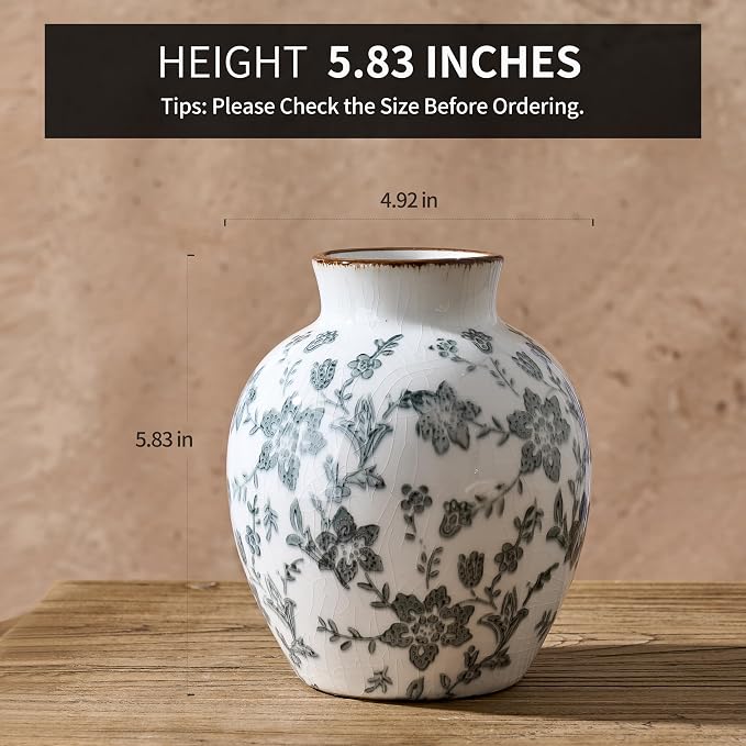 SIDUCAL Ceramic Vintage Vase, 5.83 Inch Retro Ice Cracked Chinoiserie Floral - Image 2
