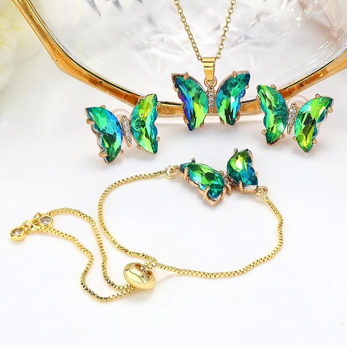 MISS RIGHT Butterfly Crystal Jewelry Set with Butterfly Necklace Stud Earrings Bolo Bracelet Adjustable Ring for Women Trendy, Iridescent Y2K Dainty Butterfly Jewelry Gifts