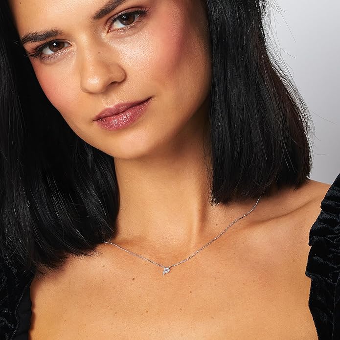 JTV Sterling Silver Initial Necklace for Women, 0.13 CTW White Cubic Zirconia Letter Pendant, Rhodium-Plated, Personalized Monogram Jewelry, Gift Box Included, 18”