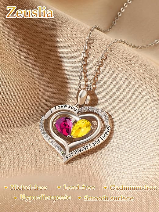 Valentine's Day Gifts for Wife 925 Sterling Silver Double Birthstone Pendant Necklaces I Love You for Always and Forever Necklace Anniversary Birthday Gifts for Wife Girlfriend Mom Her