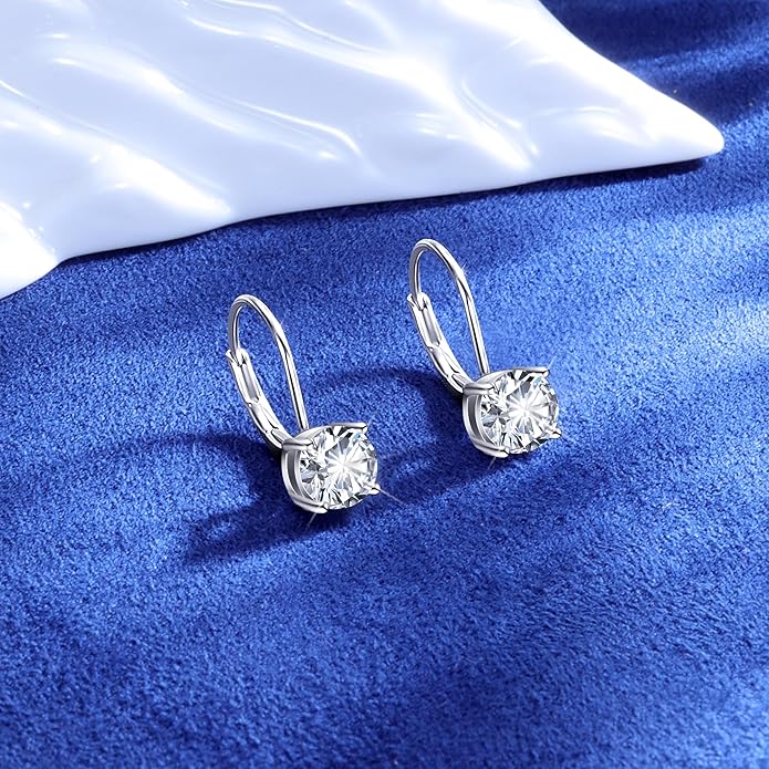 Moissanite Earrings, White Gold Plated Soild Sterling Silver Dangle Earrings 1.0ct-2.0ct D Color Brilliant Round Cut Lab Created Moissanite French Leverback Drop Earring for Women