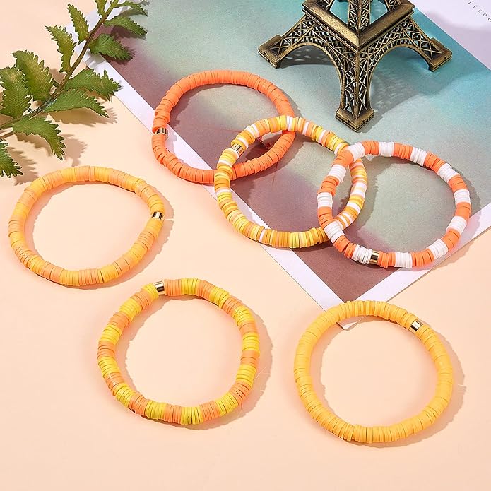 Ornaland 6 Pcs/Set Heishi Surfer Bracelets Set 6mm Polymer Clay Heishi Beads Stretch Bracelets Bohemia Summer Beach Jewelry for Women (Dark Orange)