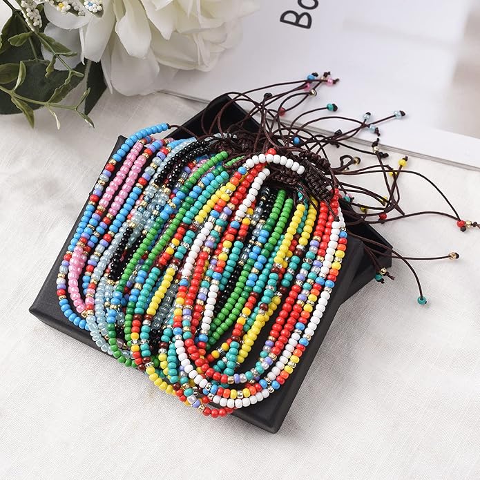 XIJIN 18 Pieces Elastic Beaded Anklets for Women Handmade Beach Boho Colorful Beads Ankle Bracelets Set