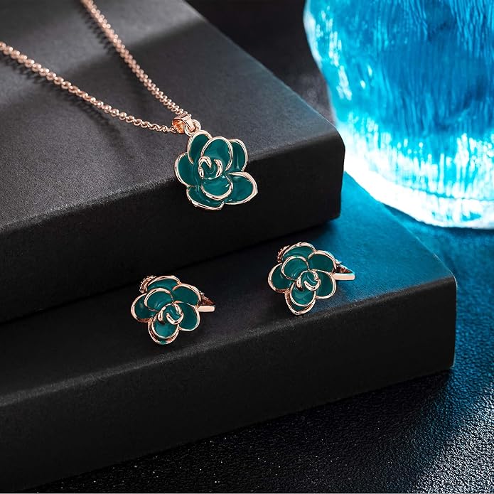 Dainty Rose Flower Pendant Necklace Clip On Earrings Set for Women 14K Gold Plated Hypoallergenic Jewelry Sets