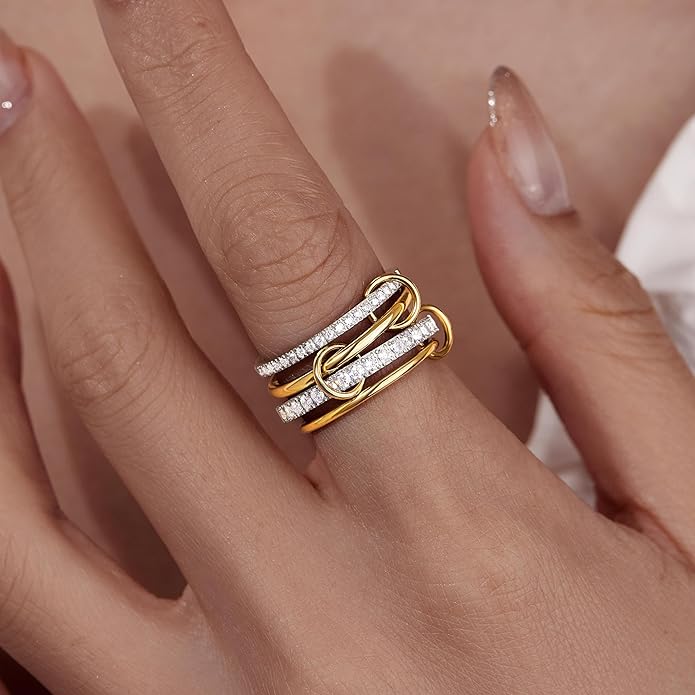 Gelbesty Stackable Gold Silver Band Rings for Women, Statement Chunky Cubic Zirconia Rings, Fashion Unique Designer Mixed Metal Jewelry Size 5/6/7/8/9/10/11